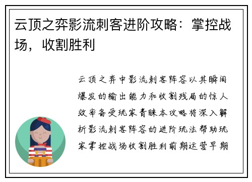 云顶之弈影流刺客进阶攻略：掌控战场，收割胜利