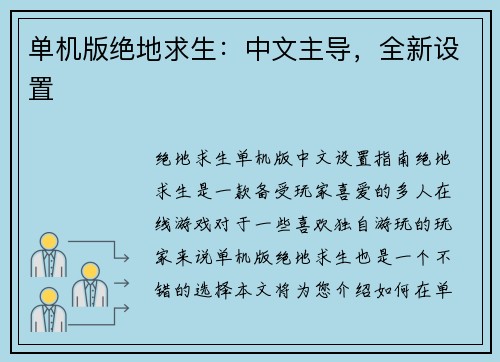 单机版绝地求生：中文主导，全新设置